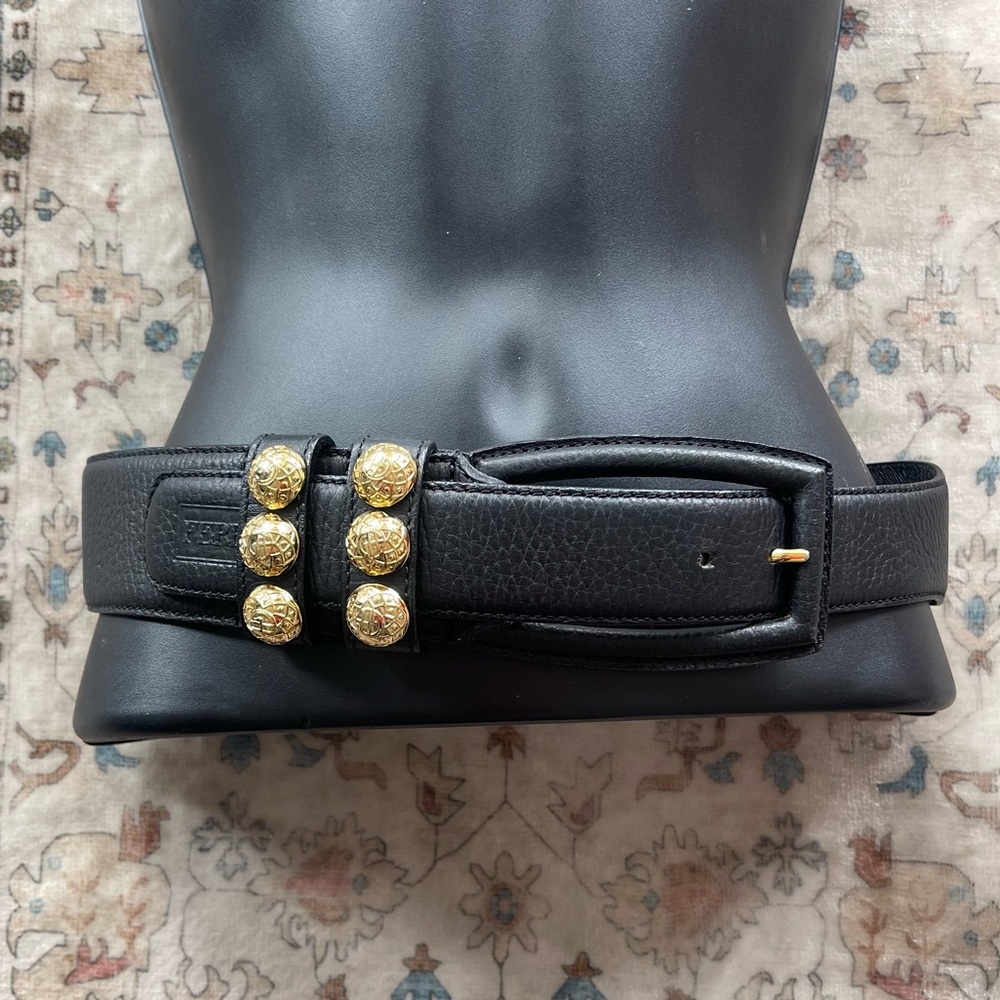 Gianfranco Ferré Black Leather Belt with Gold Medallion Buttons
